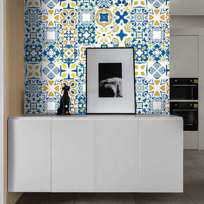 Vivolux | Gelb-Blau Boho Tapetenpaneele 10,3 Quadratfuß Mosaikfliesen Abziehbare Wandverkleidung für das Wohnzimmer