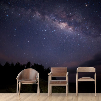 Vivolux | Enorme Scenery Behang Muurschildering Moderne Betoverende Nachtberg met Sterrenhemel Wanddecoratie in Paars-Zwart