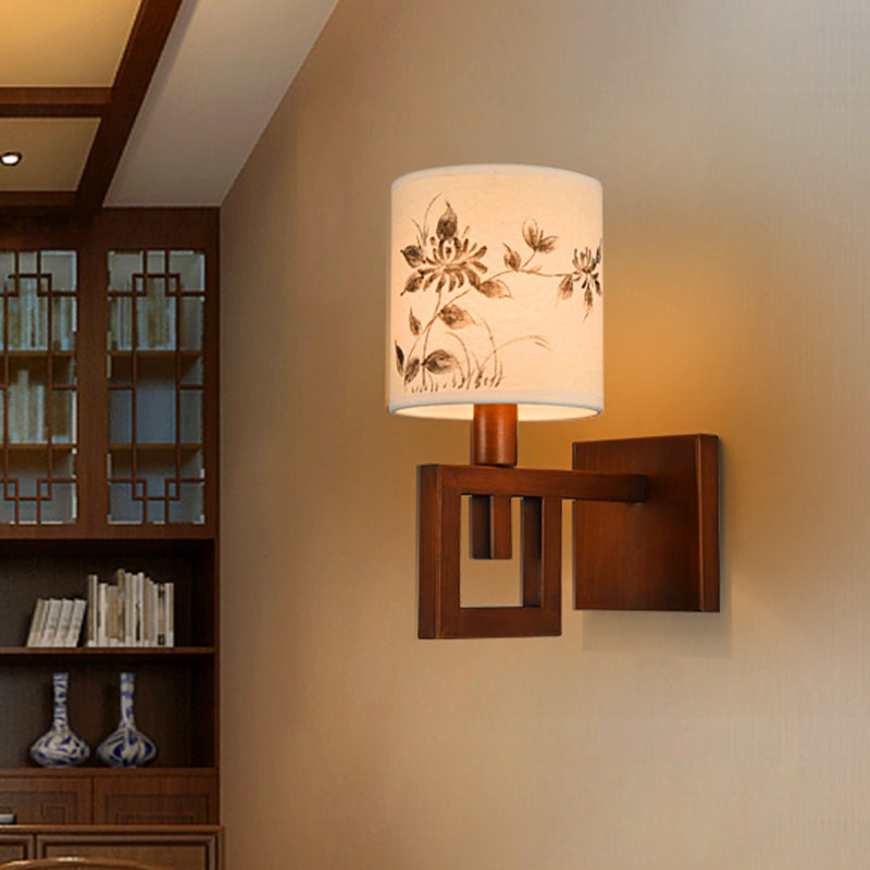 Vivolux | 1 Licht Zylinder Wandverlichting Fixture Rustik Weißer Stoff Wandlampe mit Blumenmuster für Arbeitszimmer