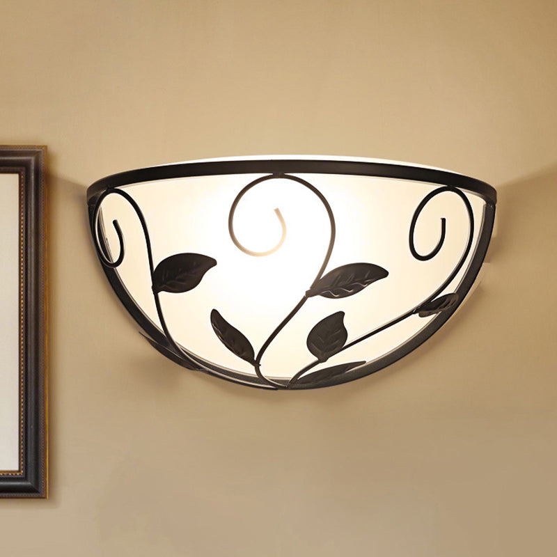Vivolux | Halbmond Schlafzimmer Wandleuchte Vintage Weiß Glas 1 Kopf Schwarze Wandbeleuchtung mit Blättern Design