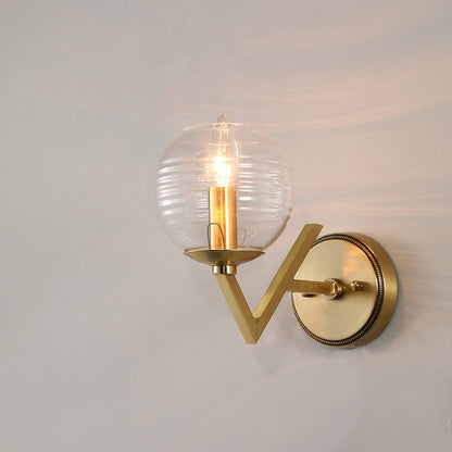 Vivolux | Globale klare gerippte Glaswandlampe Kolonialismus 1/2-Kopf Flur Wandlicht in Gold mit V-förmigem Metallarm