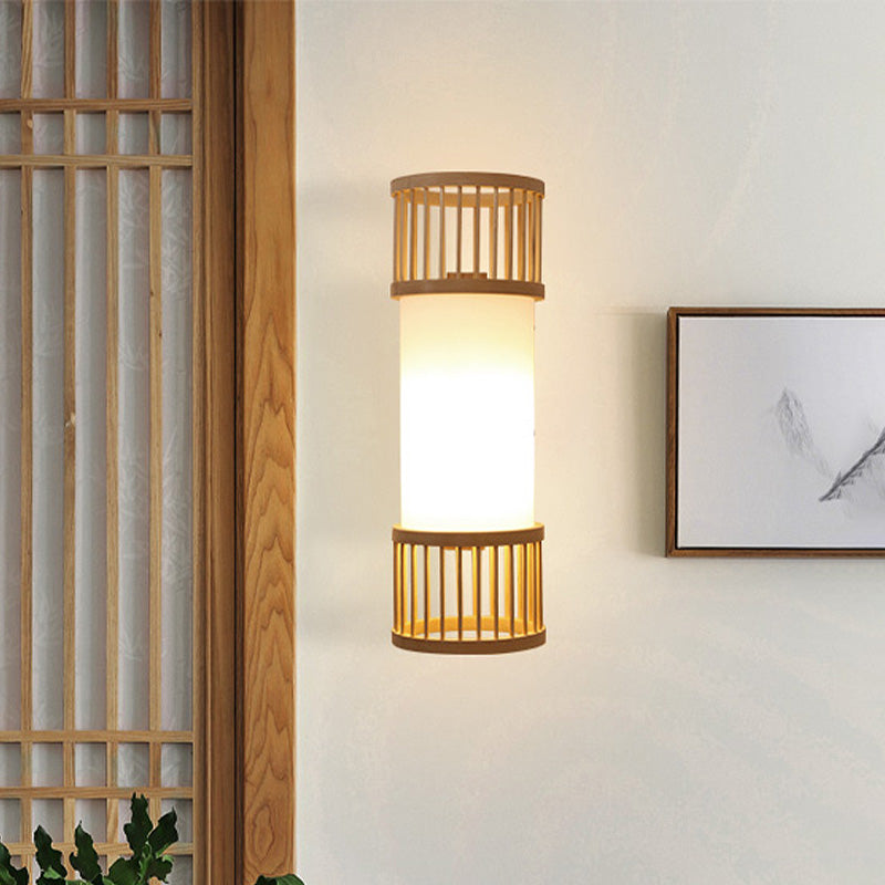 Vivolux | Asiatische Stil Einzelne Glühbirne Wandlampe Wandbeleuchtung Beige Zylinder Wandbeleuchtung mit Holzschirm