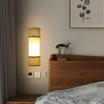 Vivolux | Asiatische Stil Einzelne Glühbirne Wandlampe Wandbeleuchtung Beige Zylinder Wandbeleuchtung mit Holzschirm