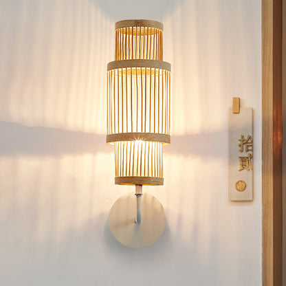 Vivolux | Zylinder Wandlampe Leuchte Asiatischer Stil Bambus Einzelne Glühbirne Holz Wandbeleuchtung mit Gebogenem Arm für Restaurant