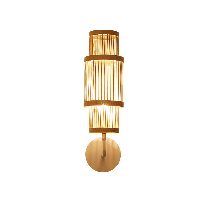 Vivolux | Zylinder Wandlampe Leuchte Asiatischer Stil Bambus Einzelne Glühbirne Holz Wandbeleuchtung mit Gebogenem Arm für Restaurant