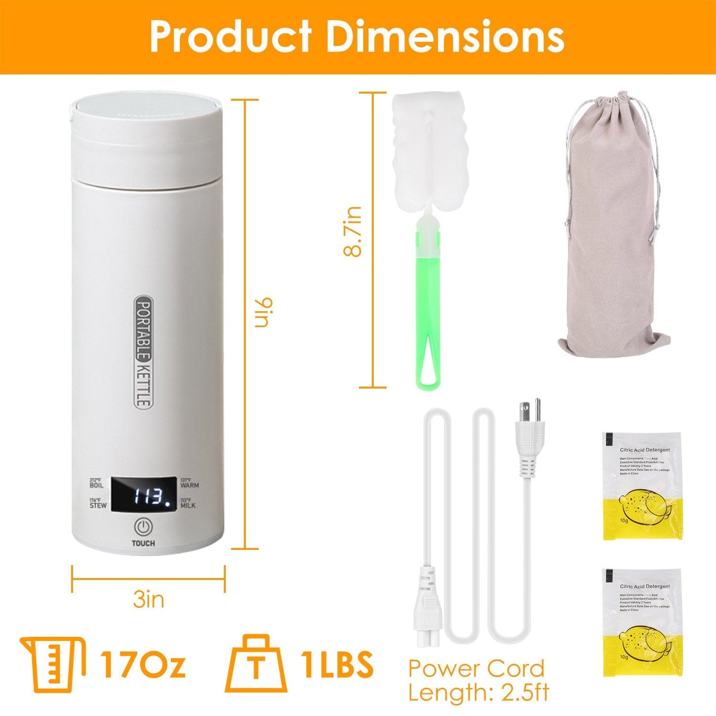 Vivolux | 17Oz Edelstahl Reise Elektro Wasserkocher mit 4 Temperaturvoreinstellungen