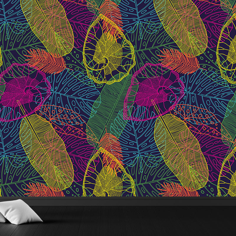 Vivolux | Botanischer Blattdruck Tapete Wandmalerei Zeitgenössische Vlies Wandkunst in dunkler Farbe