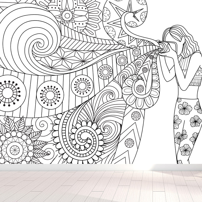 Vivolux | Art Deco Bloeiend Wandtapijt Zwart en Wit Vlekbestendige Wandbekleding voor Meisjeskamer