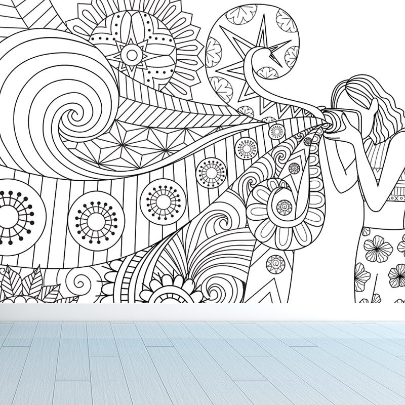 Vivolux | Art Deco Bloeiend Wandtapijt Zwart en Wit Vlekbestendige Wandbekleding voor Meisjeskamer