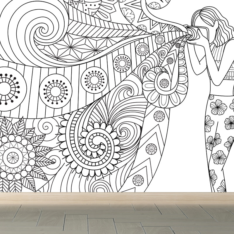 Vivolux | Art Deco Bloeiend Wandtapijt Zwart en Wit Vlekbestendige Wandbekleding voor Meisjeskamer