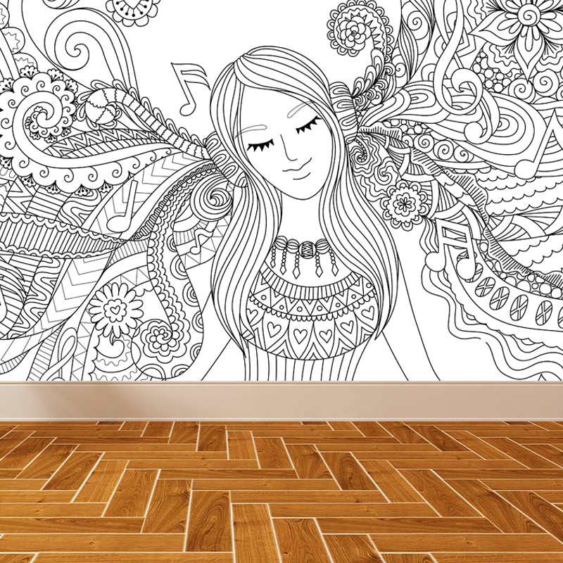 Vivolux | Art Deco Bloeiend Wandtapijt Zwart en Wit Vlekbestendige Wandbekleding voor Meisjeskamer