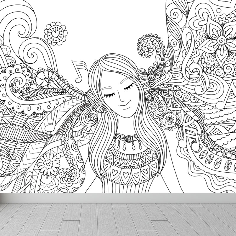 Vivolux | Art Deco Bloeiend Wandtapijt Zwart en Wit Vlekbestendige Wandbekleding voor Meisjeskamer