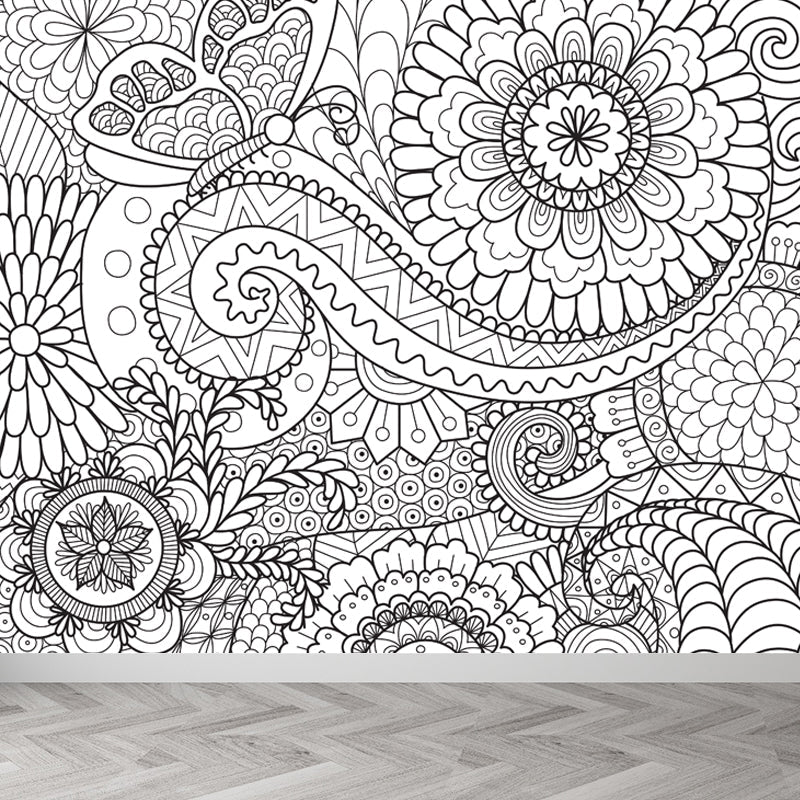 Vivolux | Art Deco Bloeiend Wandtapijt Zwart en Wit Vlekbestendige Wandbekleding voor Meisjeskamer