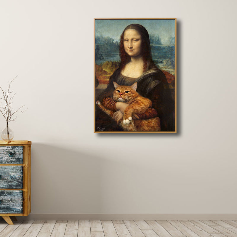 Vivolux | Schwarze moderne Wandkunst Spoof-Zeichnung Mona Lisa mit ihrer Katze Leinwanddruck für das Schlafzimmer