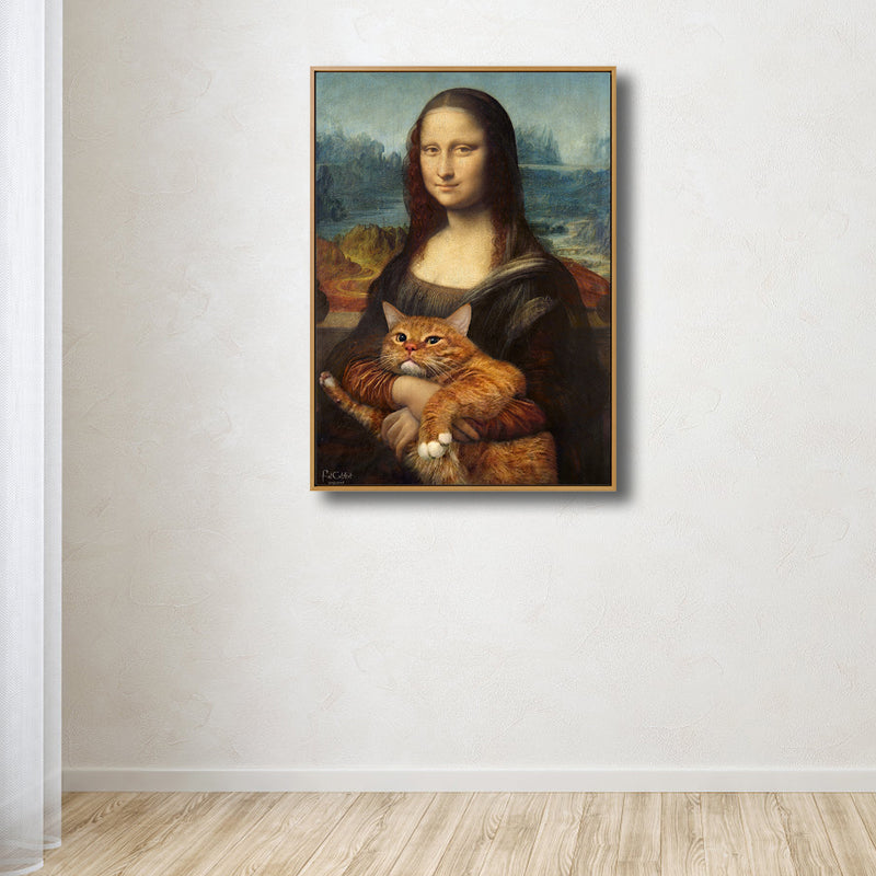 Vivolux | Schwarze moderne Wandkunst Spoof-Zeichnung Mona Lisa mit ihrer Katze Leinwanddruck für das Schlafzimmer