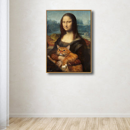 Vivolux | Schwarze moderne Wandkunst Spoof-Zeichnung Mona Lisa mit ihrer Katze Leinwanddruck für das Schlafzimmer