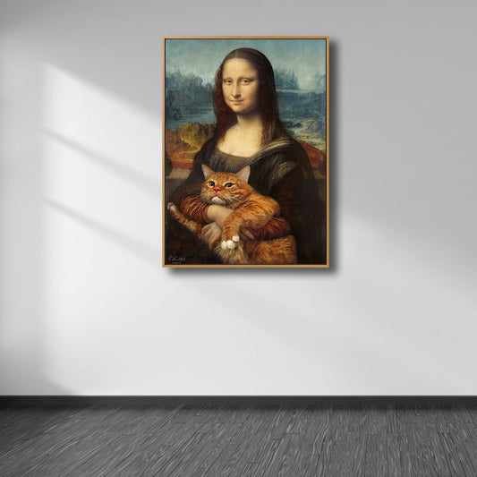 Vivolux | Schwarze moderne Wandkunst Spoof-Zeichnung Mona Lisa mit ihrer Katze Leinwanddruck für das Schlafzimmer