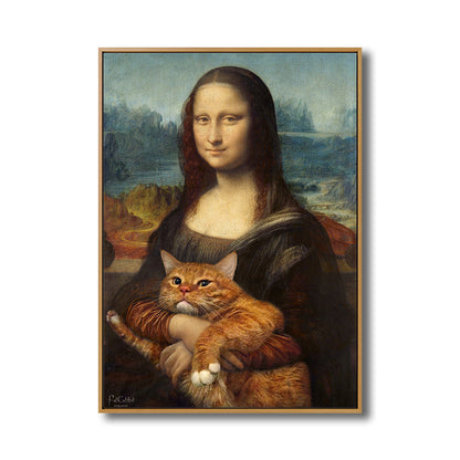 Vivolux | Schwarze moderne Wandkunst Spoof-Zeichnung Mona Lisa mit ihrer Katze Leinwanddruck für das Schlafzimmer