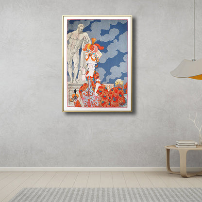 Vivolux | Illustration Figur Leinwand Kunst Vintage Texturiert Wohnzimmer Wand Dekor in Blau-Orange