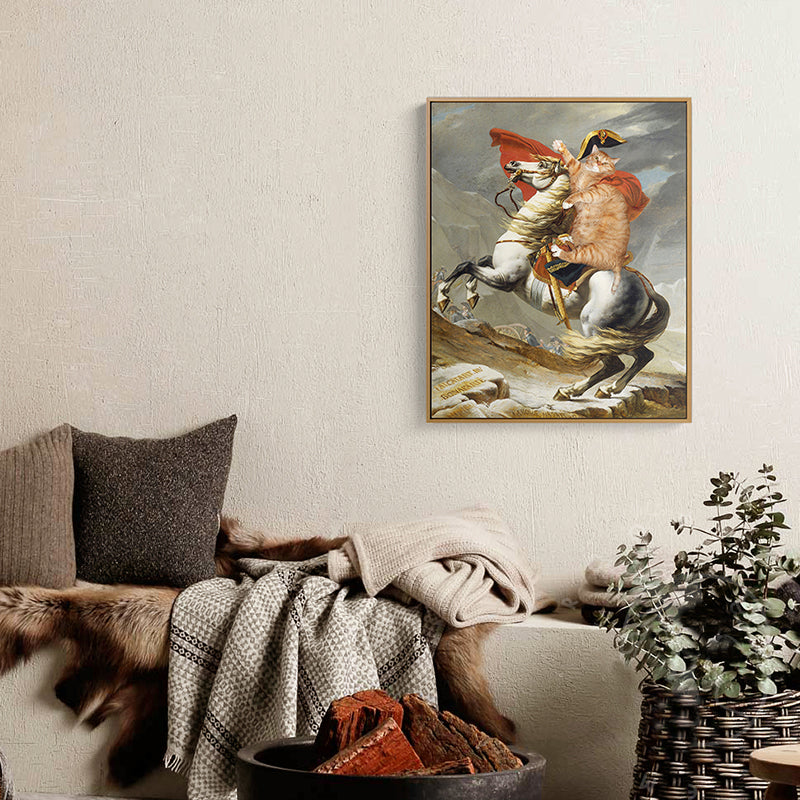 Vivolux | Spoof Painting Napoleon Leinwand Modern Lustiges Katzen Wandkunst Drucken in Orange für Raum