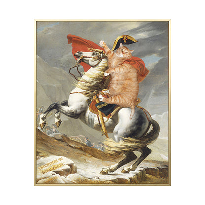 Vivolux | Spoof Painting Napoleon Leinwand Modern Lustiges Katzen Wandkunst Drucken in Orange für Raum