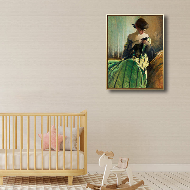 Vivolux | Mädchen in grüner Robe Malerei Figur Renaissance texturierte Wandkunst Dekor für Esszimmer