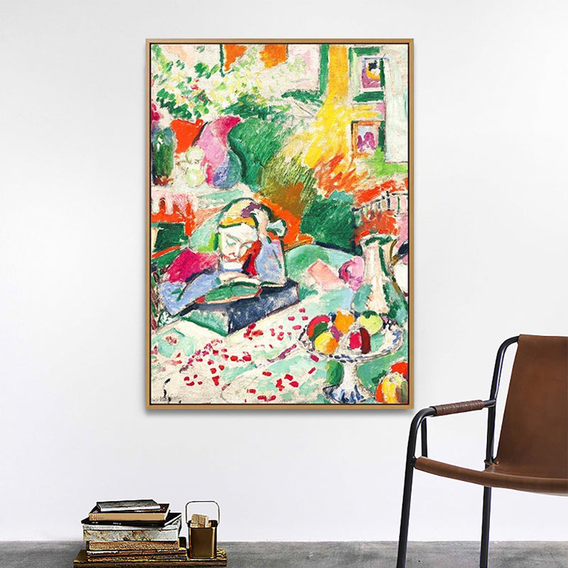 Vivolux | Mädchen beim Lesen Buch Malerei Grün Modernismus Leinwand Wandkunst für Schlafzimmer, Texturiert