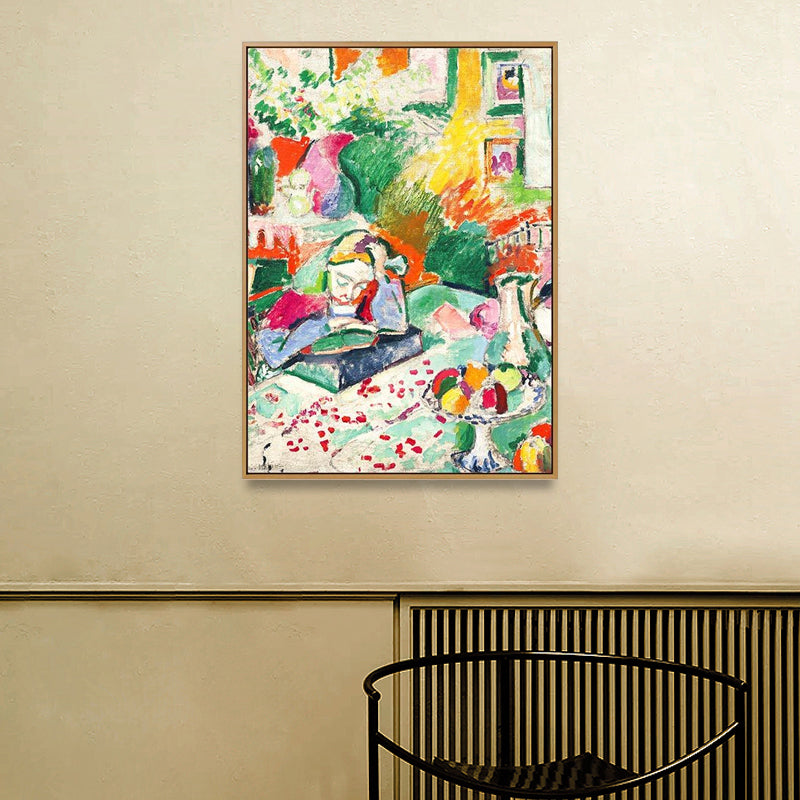 Vivolux | Mädchen beim Lesen Buch Malerei Grün Modernismus Leinwand Wandkunst für Schlafzimmer, Texturiert