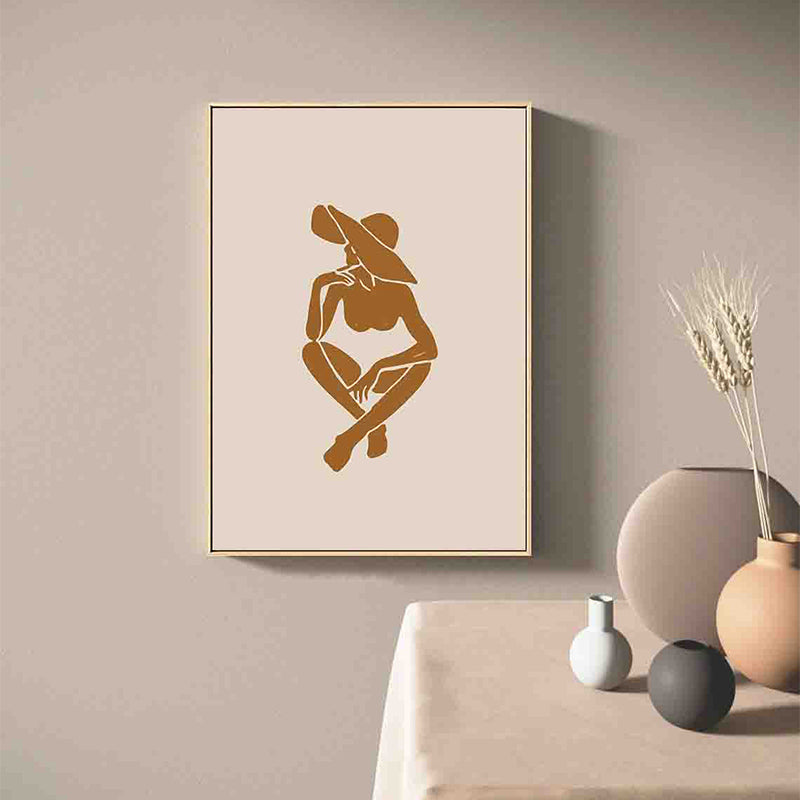 Vivolux | Braun Hatted Girl Art Print Figur Muster Nordic Texturiert Eingewickelte Leinwand für Wohnzimmer