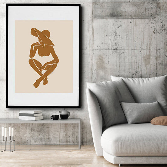 Vivolux | Braun Hatted Girl Art Print Figur Muster Nordic Texturiert Eingewickelte Leinwand für Wohnzimmer