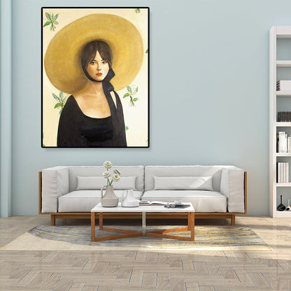 Vivolux | Gelbes traditionelles Wandkunstgemälde Druck Frau mit Strohhut Leinwand für Mädchenzimmer