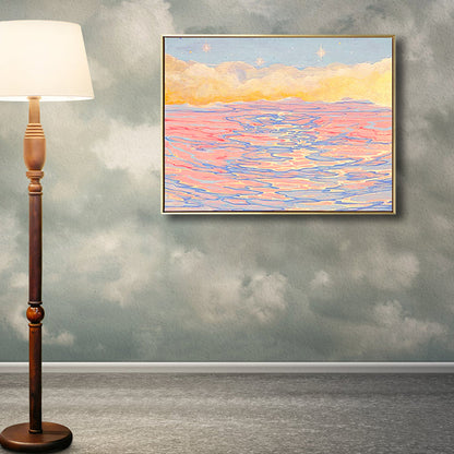 Vivolux | Seascape mit Sonnenuntergangs-Glow Malerei in Pink Impressionismus Leinwand Wandkunst für das Wohnzimmer