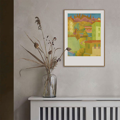 Vivolux | Illustriertes Hausbau-Leinwandkunst Gelbe zeitgenössische Wanddekoration für das Wohnzimmer