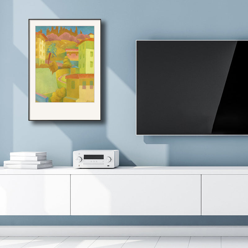 Vivolux | Illustriertes Hausbau-Leinwandkunst Gelbe zeitgenössische Wanddekoration für das Wohnzimmer