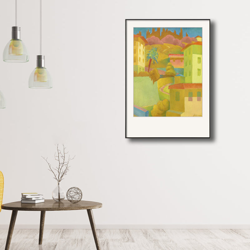 Vivolux | Illustriertes Hausbau-Leinwandkunst Gelbe zeitgenössische Wanddekoration für das Wohnzimmer