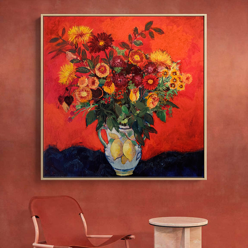 Vivolux | Blühende Blumenvasen-Leinwandkunst Impressionismus Texturiertes Gemälde in dunkler Farbe für den Raum