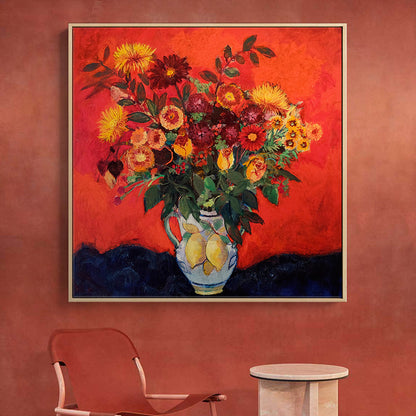 Vivolux | Blühende Blumenvasen-Leinwandkunst Impressionismus Texturiertes Gemälde in dunkler Farbe für den Raum