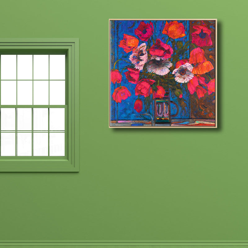 Vivolux | Blühende Blumenvasen-Leinwandkunst Impressionismus Texturiertes Gemälde in dunkler Farbe für den Raum