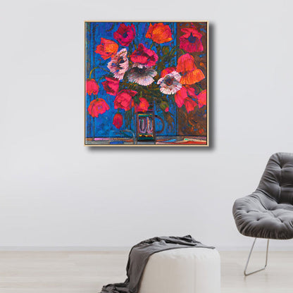 Vivolux | Blühende Blumenvasen-Leinwandkunst Impressionismus Texturiertes Gemälde in dunkler Farbe für den Raum