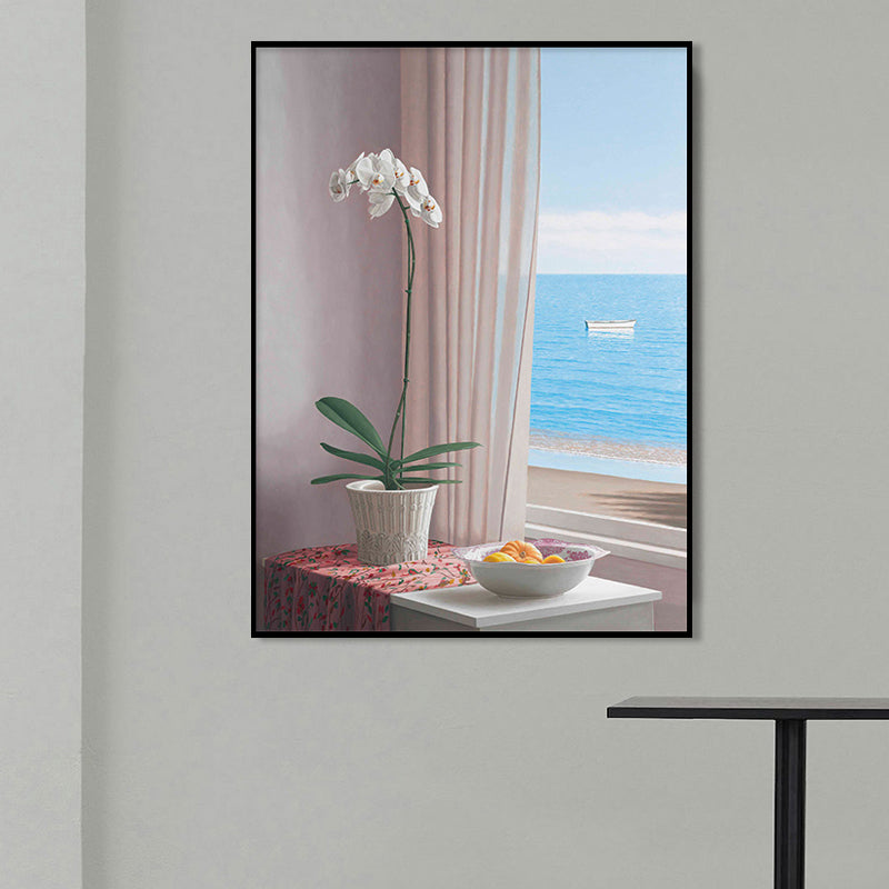 Vivolux | Blaues Topf Wanddecor Blume Skandinavisches Texturiertes Leinwandbild für das Wohnzimmer