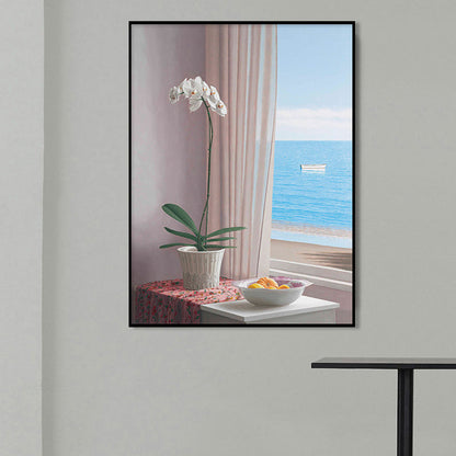 Vivolux | Blaues Topf Wanddecor Blume Skandinavisches Texturiertes Leinwandbild für das Wohnzimmer