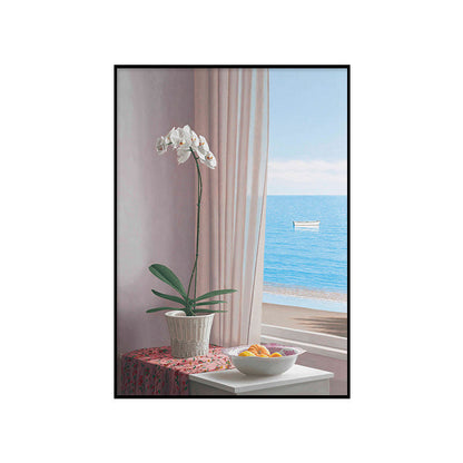 Vivolux | Blaues Topf Wanddecor Blume Skandinavisches Texturiertes Leinwandbild für das Wohnzimmer