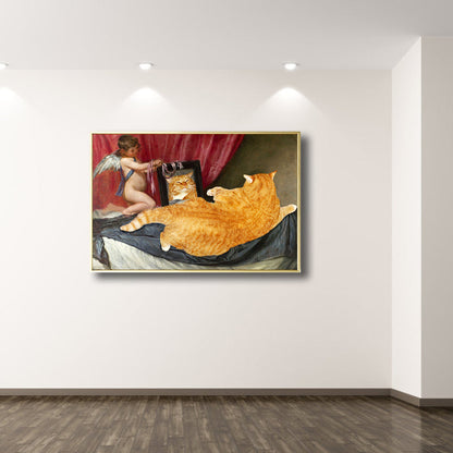 Vivolux | Angel Boy und Katze Leinwandkunst Schlafzimmer Tierzeichnung Wanddekoration in Gelb, Strukturiert