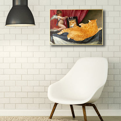 Vivolux | Angel Boy und Katze Leinwandkunst Schlafzimmer Tierzeichnung Wanddekoration in Gelb, Strukturiert