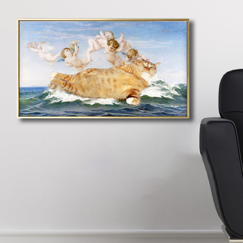 Vivolux | Fat Cat und Angels Canvas Kinderstil Spoof Tier Wandkunst Druck in Gelb und Blau