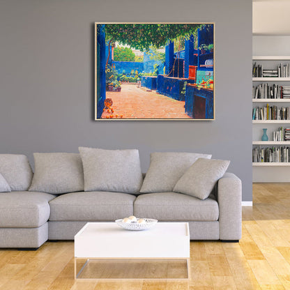 Vivolux | Gemälde Druck Hinterhof Landschaft Leinwand Impressionismus Texturiert Schlafzimmer Wandkunst in Blau