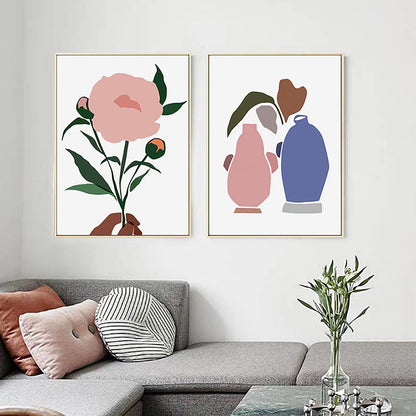 Vivolux | Pastellfarbener nordischer Stil Leinwanddruck Vase und Blumen Wandkunst Dekor für die Küche