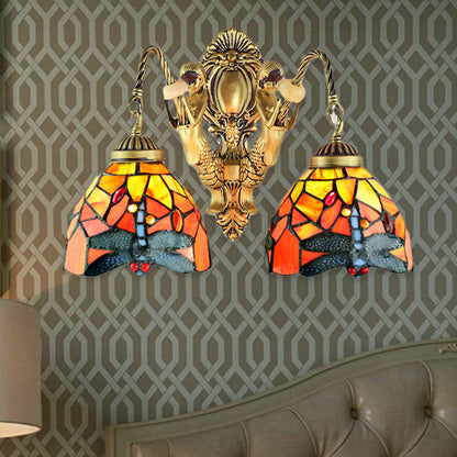 Vivolux | 2 Heads Dome Sconce Verlichting Tiffany Messing/Wit Gezuurd Glas Wandmontage Licht met Libellepatroon