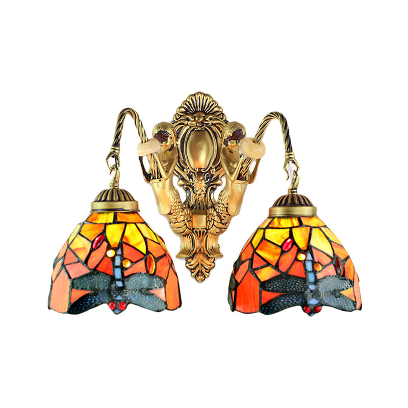 Vivolux | 2 Heads Dome Sconce Verlichting Tiffany Messing/Wit Gezuurd Glas Wandmontage Licht met Libellepatroon