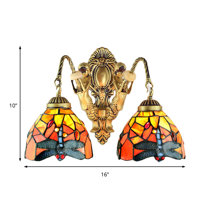 Vivolux | 2 Heads Dome Sconce Verlichting Tiffany Messing/Wit Gezuurd Glas Wandmontage Licht met Libellepatroon